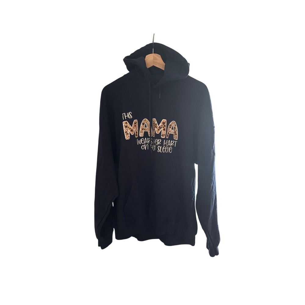 Gildan Navy Blue Mama Wears Her Heart On Her Sleeve Hoodie XL